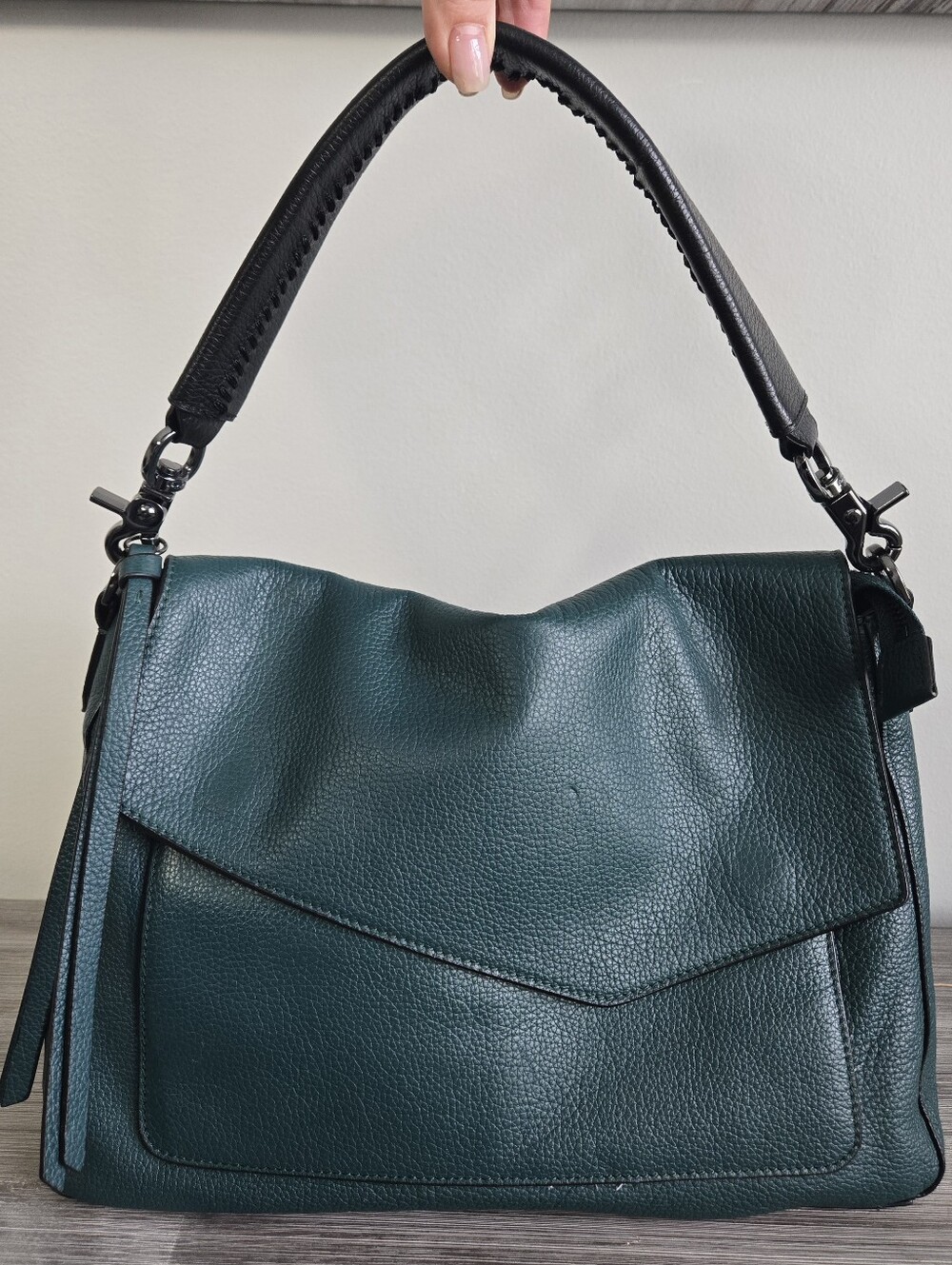 Botkier New York Pebbled Leather Shoulder Bag Teal Green Black Trim